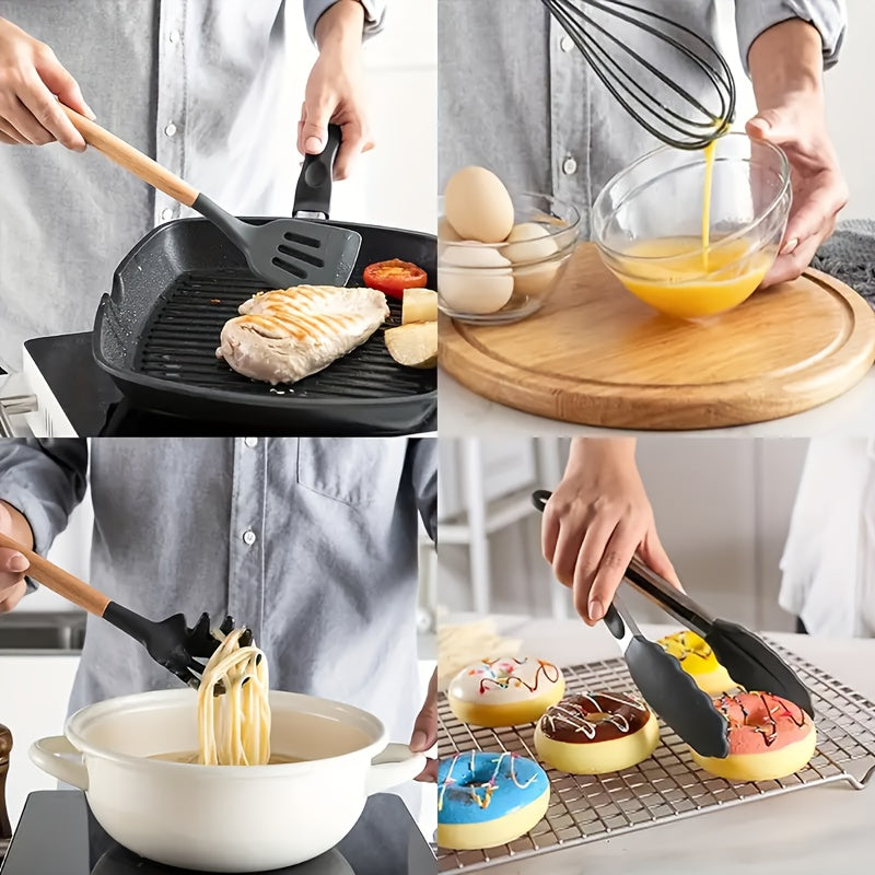 Silicone Cooking Utensil Set with Wooden Handles - Includes Spatula, Whisk, Spoon, Knife - Non-Stick and Heat Resistant - Dishwasher Safe - Perfect for Home and Restaurant Cooking