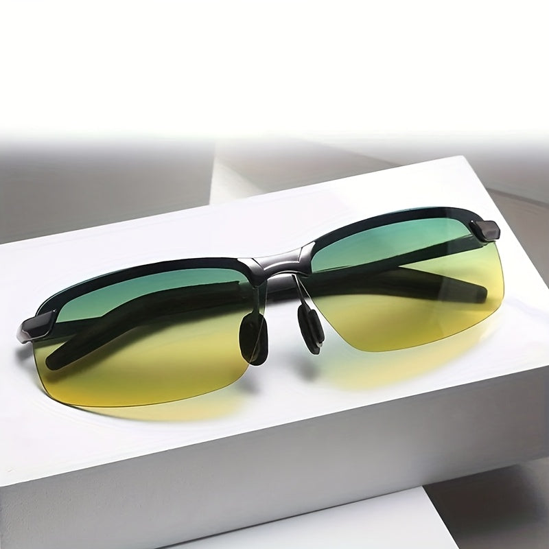 Fashionable yellow-tinted glasses for day and night driving, suitable for both men and women, featuring a square frame and adjustable nose pad and temples. Perfect for driving.