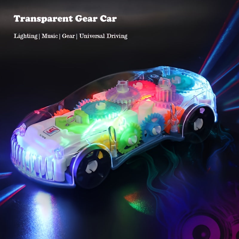 Small car model featuring a transparent electric universal gear concept with music and light, designed for racing simulation.