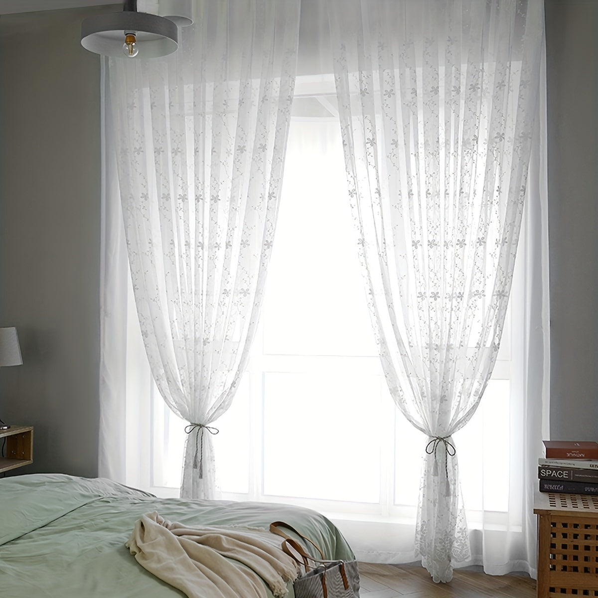 Delicate White Sheer Curtain with Small Romantic Flower Embroidery, Perfect for Living Room, Bedroom, Office, or Home Decoration. Comes with Rod Pocket for Easy Installation.