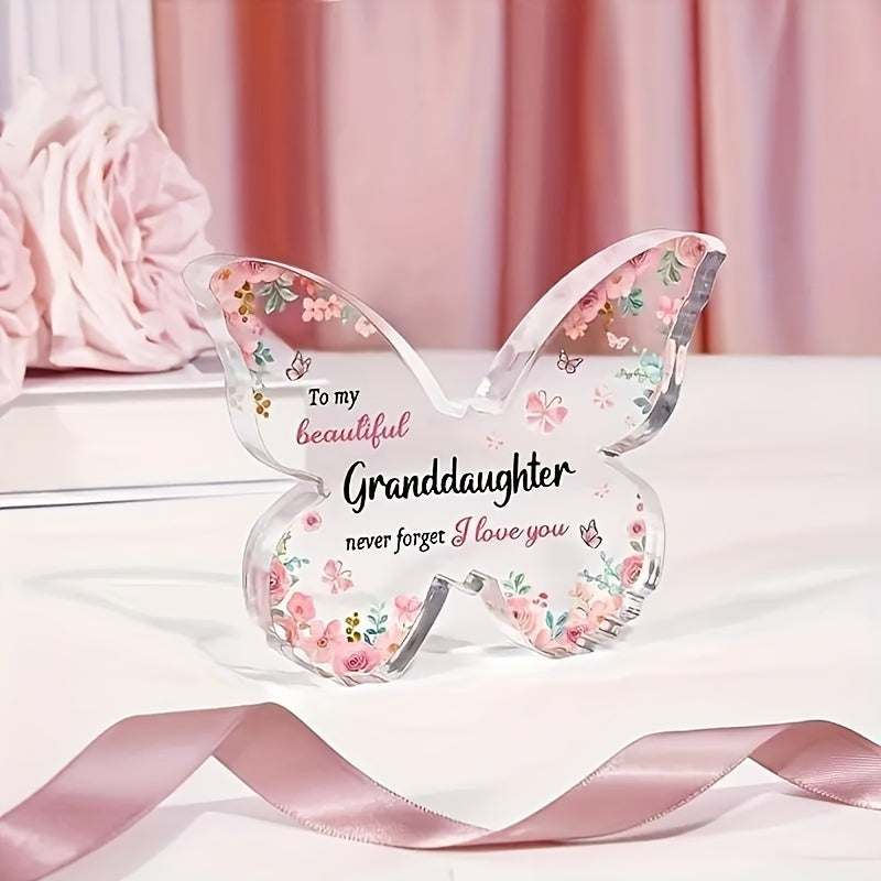 Engraved Granddaughter Love Message on Acrylic Butterfly Memorial Plaque, including a Polished Vertical Document Frame and Plastic Desk Decor. This Sentimental Gift is perfect for Birthday, Mother's Day, Spring, Easter, and is Suitable for Ages 14+.