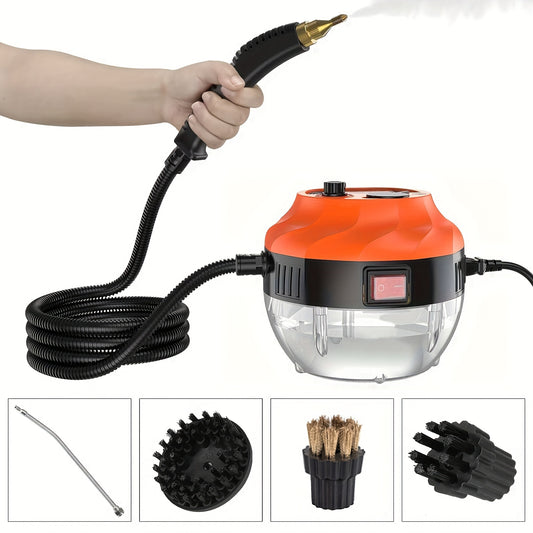 European-regulated handheld steam cleaner with brush head, designed for cleaning home kitchen furniture and bathroom with high-pressure, high-temperature steam.