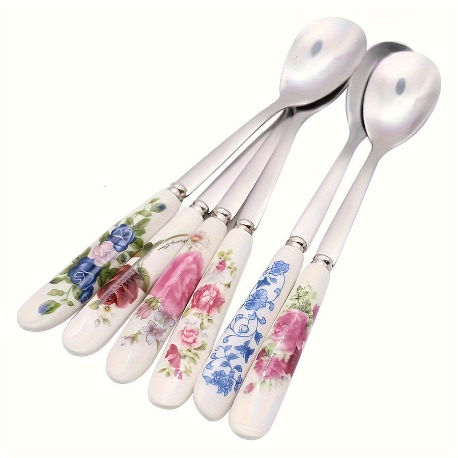 Set of 6 OUKEAI Floral Ceramic Handle Coffee Spoons with Stainless Steel - Ideal for Stirring, Sweetening, Scooping Ice Cream & Soups - Stylish Kitchen and Dining Utensils featuring Rose, Pearl, and Lace Patterns