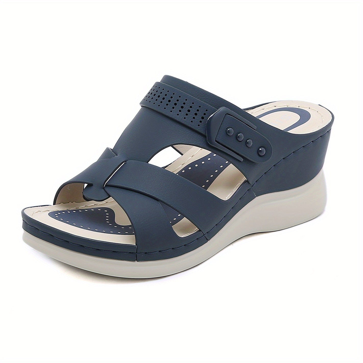 Women's wedge slide sandals with open toe cross strap, slip-on design for casual outdoor wear.