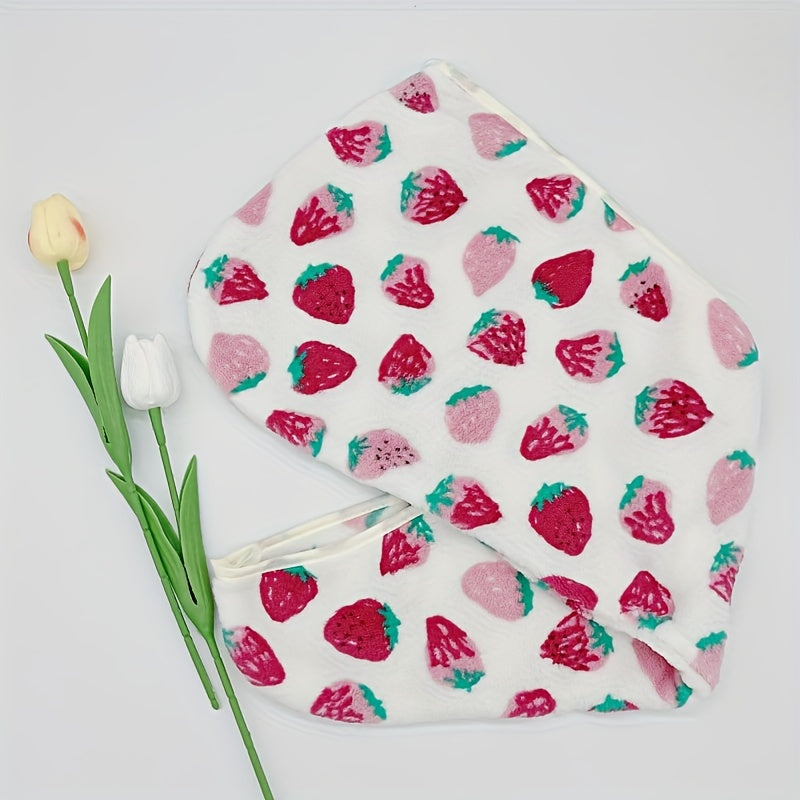 1pc Ultra-absorbent Strawberry Pattern Hair Drying Cap for Women made of soft coral fleece material. Specifically designed for quick-drying and frizz control, also doubles as a cute bathroom accessory.