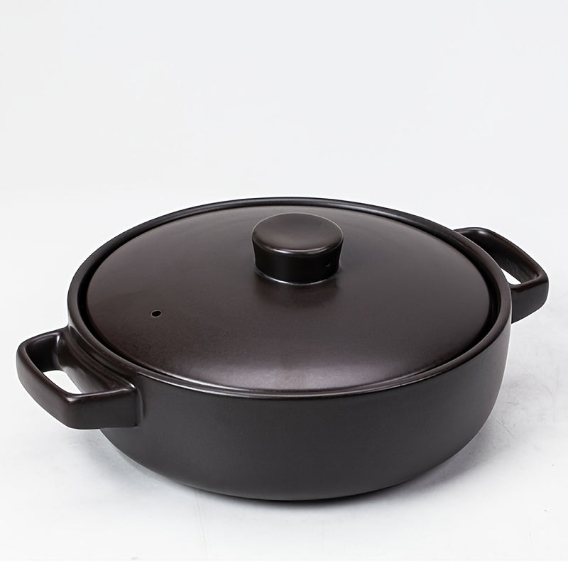 Durable Clay Pot Cookware: Round Microwave Safe Stew Pot with Lid - 2L High-Temperature Resistant Ceramic Casserole Dish for Slow Cooking, Braising, and Soup Making