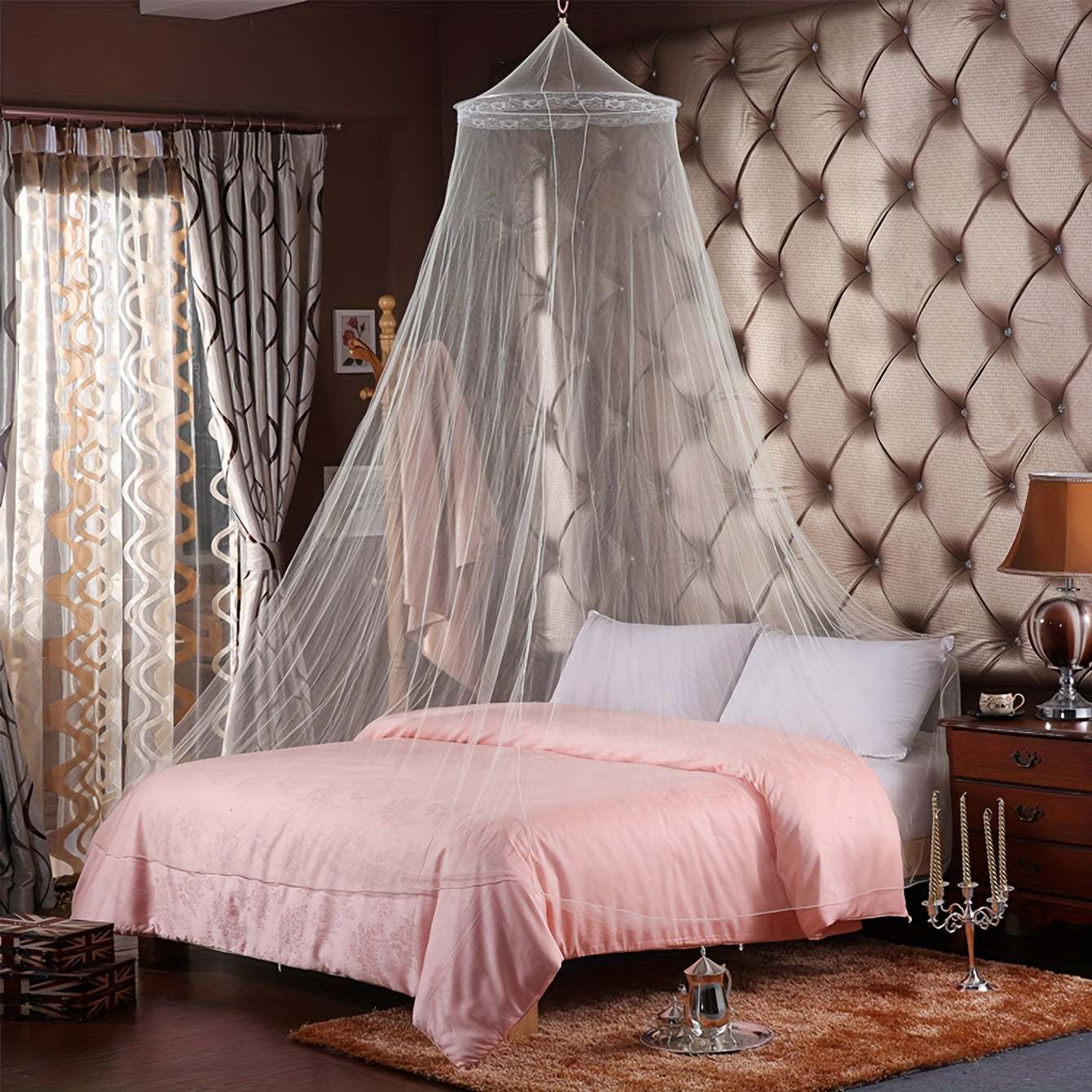 This luxurious round dome bed canopy adds a touch of elegance to any room decor. Featuring a princess-style design with an iron wire bracket, this canopy fits twin to king size beds. Made of woven polyester, the bed drapes are perfect for bedrooms and