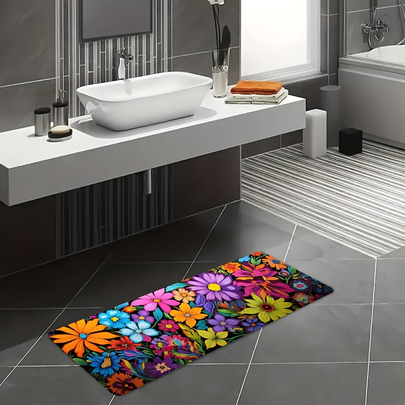 This Vibrant Floral Kitchen Mat is 1 piece, measuring 0.8mm thick. It is soft and thickened, making it perfect for use in the laundry room, bathroom, living room, or bedroom. The mat features a colorful flowers design and is made of 100% polyester. It is