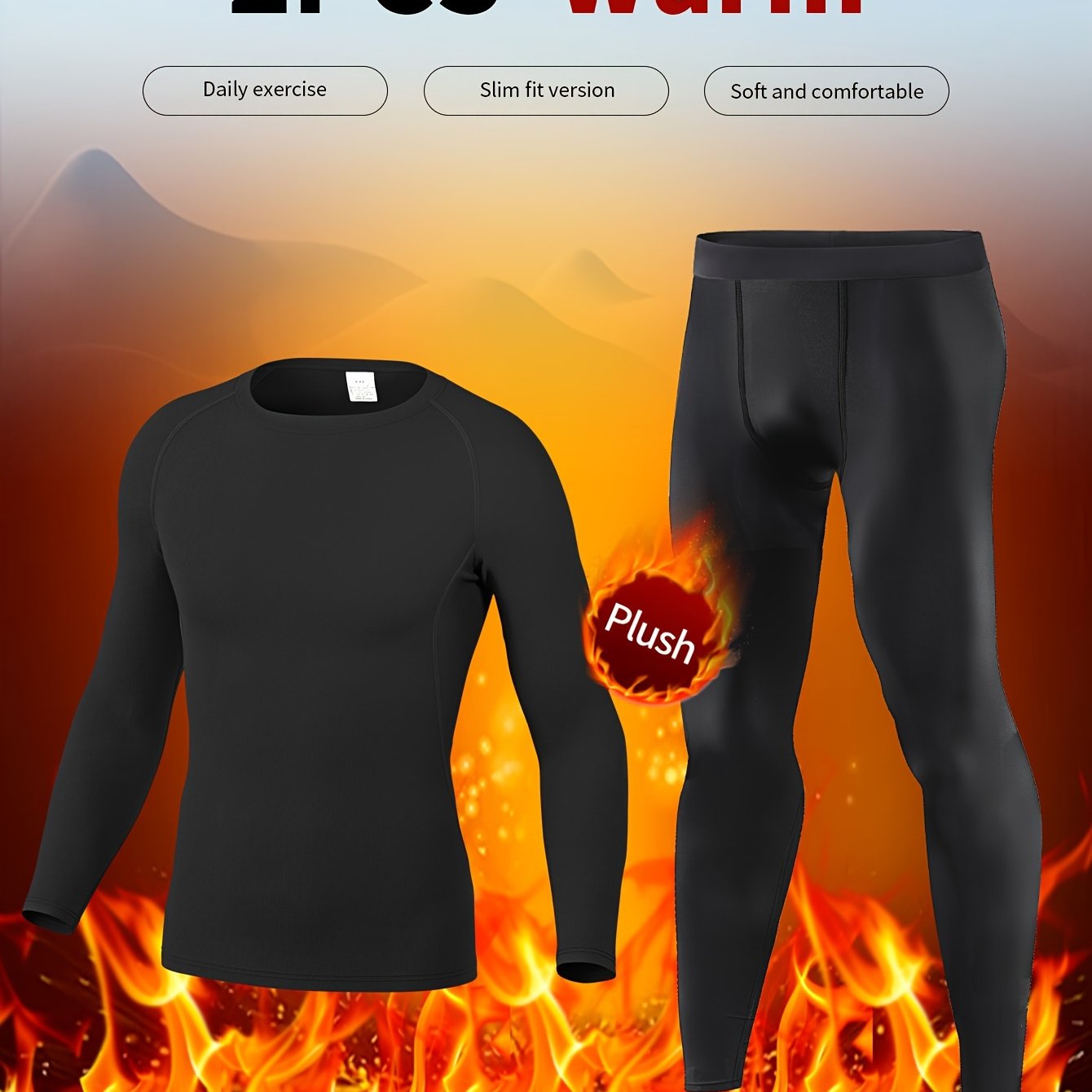 Fleece Warm Underwear Set for Autumn and Winter, includes Base Layer Shirt, Skiing Tights, Long Sleeve Top, and Pants.