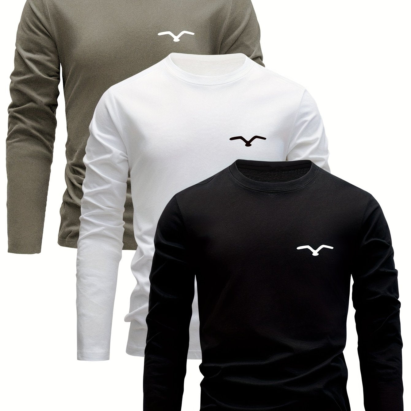 3-Pack Men's Casual Long Sleeve T-Shirts with Geometric Bird Embroidery, Round Neck, Stretch Fabric, Knit Craftsmanship - Ideal for Outdoor Activities, Autumn/Winter