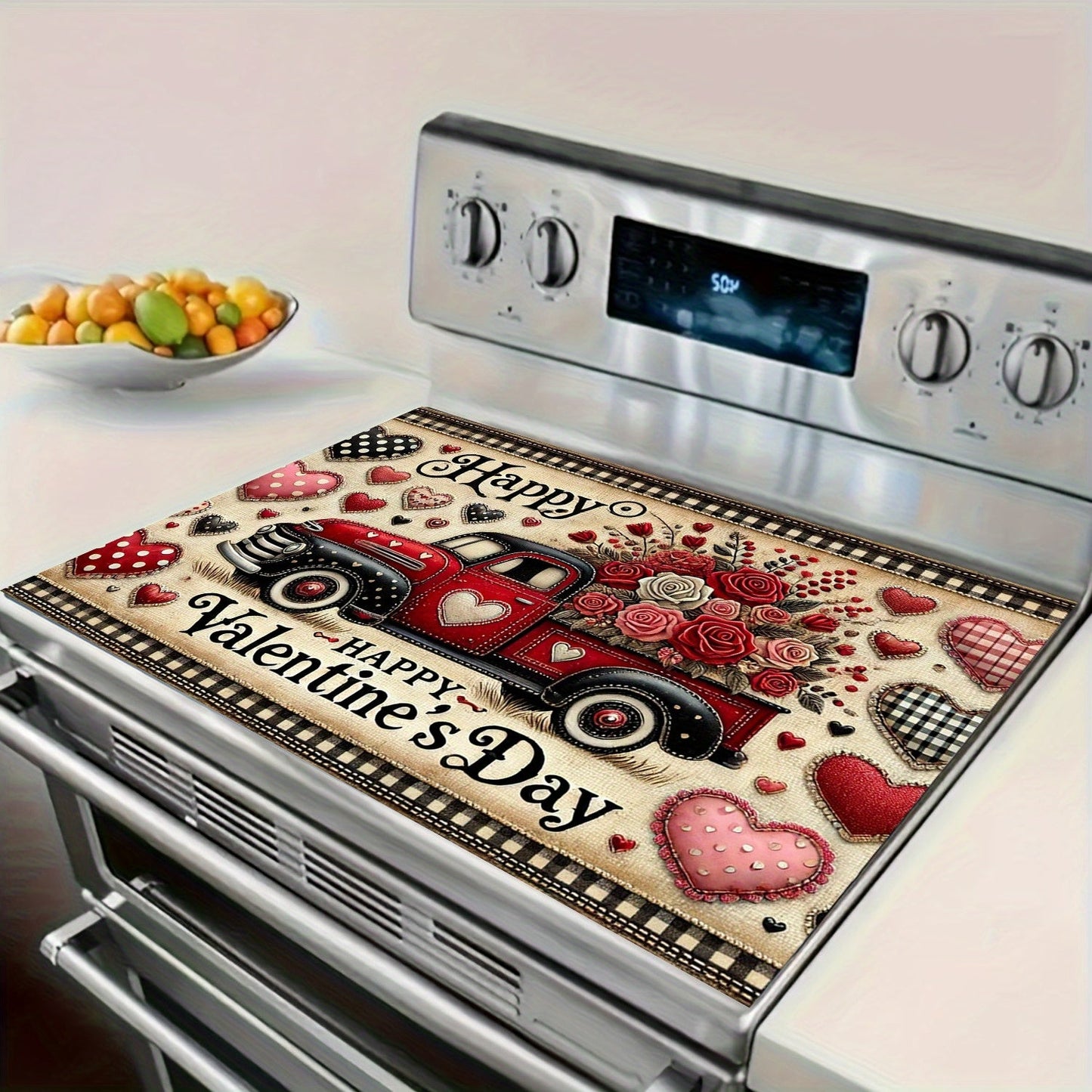 Upgrade your kitchen with a stylish Valentine's Day themed stove panel protector featuring a red truck and heart design. This durable polyester protector is heat and scratch resistant, easy to clean, and perfect for keeping your stove top looking great.