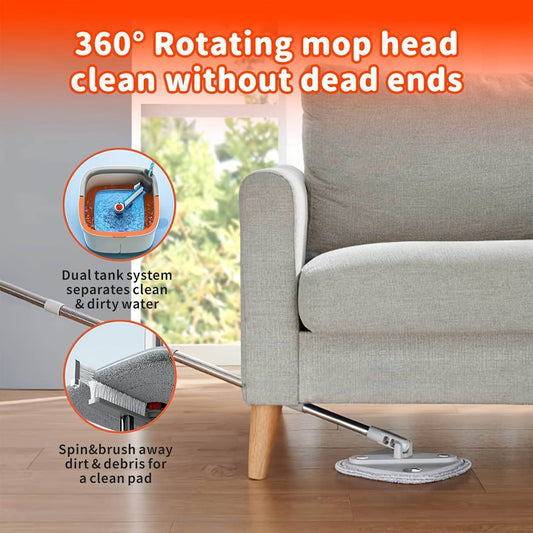 Grey Self-Cleaning Rotating Mop and Bucket Set with 360° Swivel Head for Hardwood, Tile, and Marble Floors - Dual-Use Wet and Dry Mop Kit, Self-Draining Dirty and Clean Water System - Ideal for Living Room, Bedroom, Bathroom, Toilet, and Kitchen.