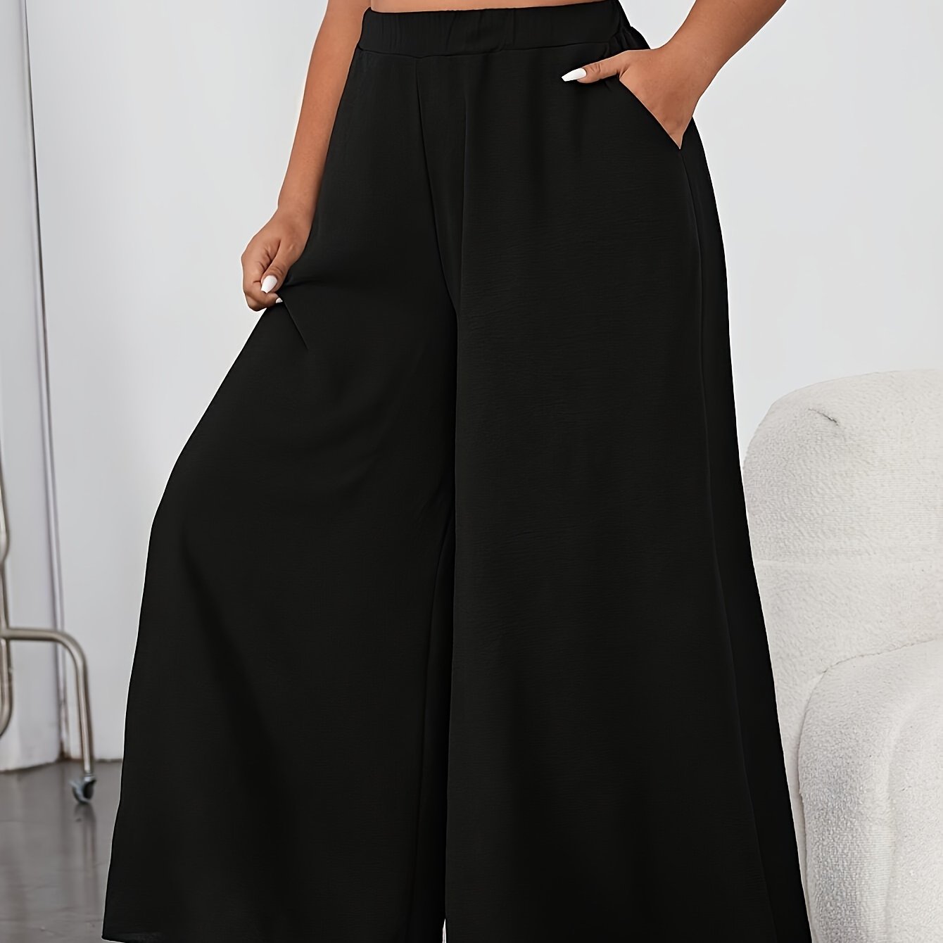 Elegant Elastic Waist Wide Leg Pants with Solid Pocket for Spring & Summer, Women's Plus Size Clothing.