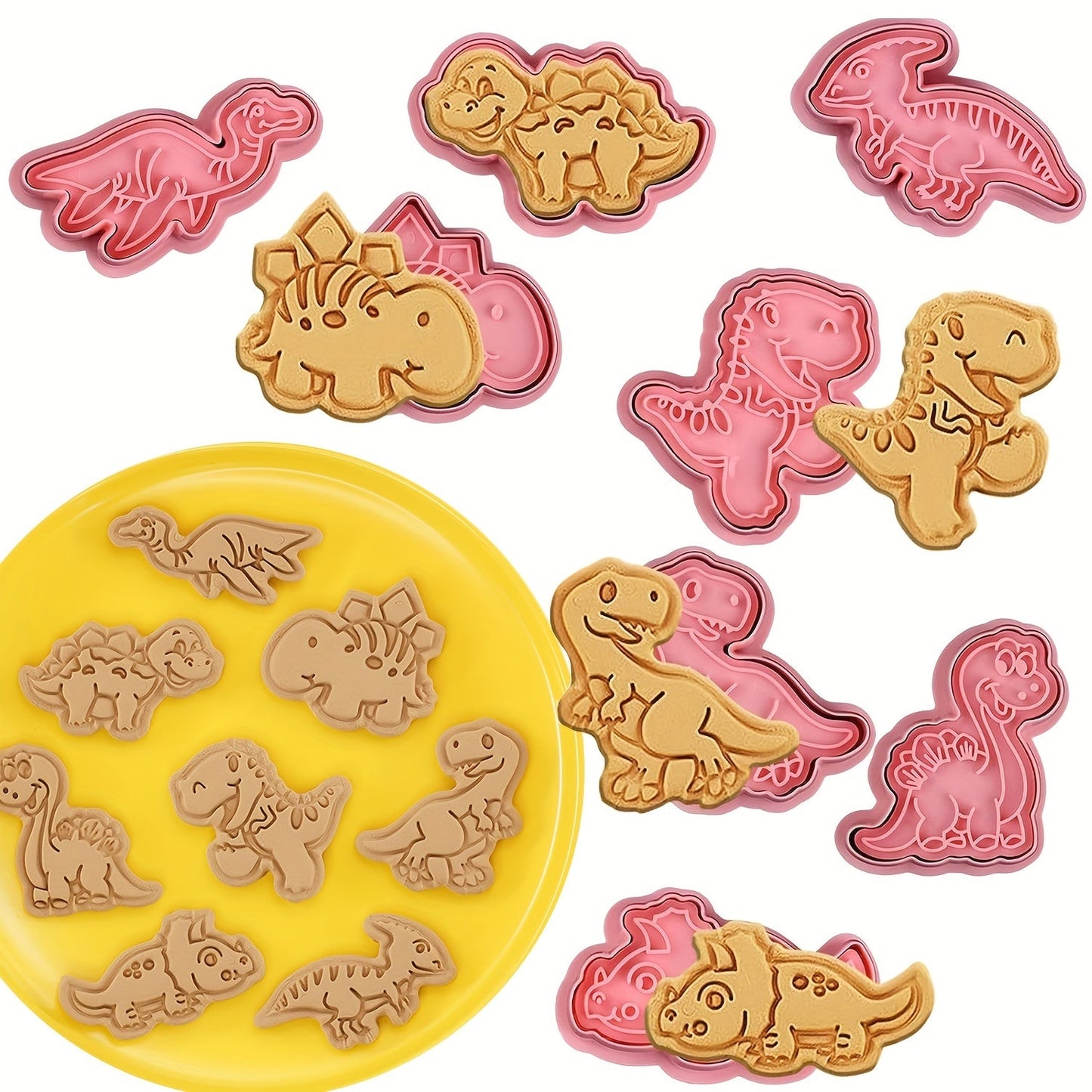 Set of 8 Dinosaur Cookie Cutters - Strong Plastic Molds and Stamps for Use at Home, in Bakeries, and Dessert Shops