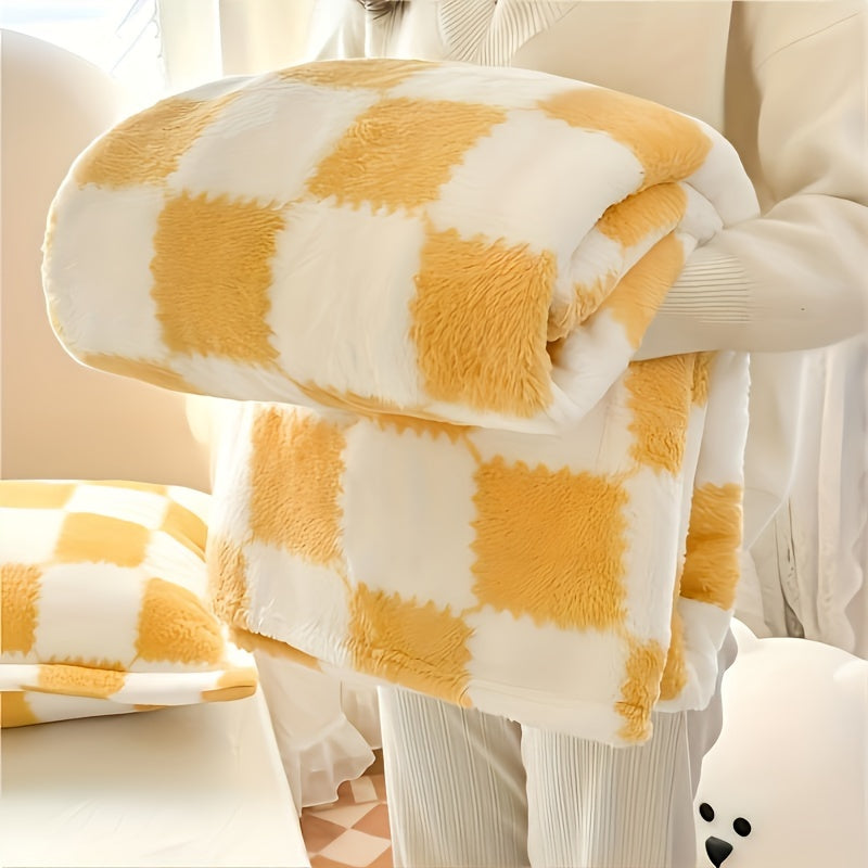 Traditional style soft panda velvet polyester cozy plaid flannel blanket, ideal for all-season use. This multipurpose throw is washable and perfect for travel, pets, and keeping warm during air conditioning. Weighs 300-350gsm.