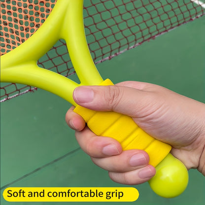 Kids badminton and tennis racket set for ages 3-6. Interactive outdoor family sports game. Educational coordination play toys made of durable plastic with anti-slip soft handle.