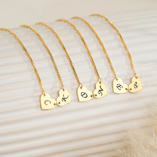 Set of 2 Personalized Initial Heart Pendant Necklaces, Made with 18K Gold Plated Copper, Featuring a Stylish and Sophisticated Design. Perfect Gift for Mother's Day, Valentine's Day, Birthdays, Anniversaries, Graduation, Christmas, or as a Luxurious