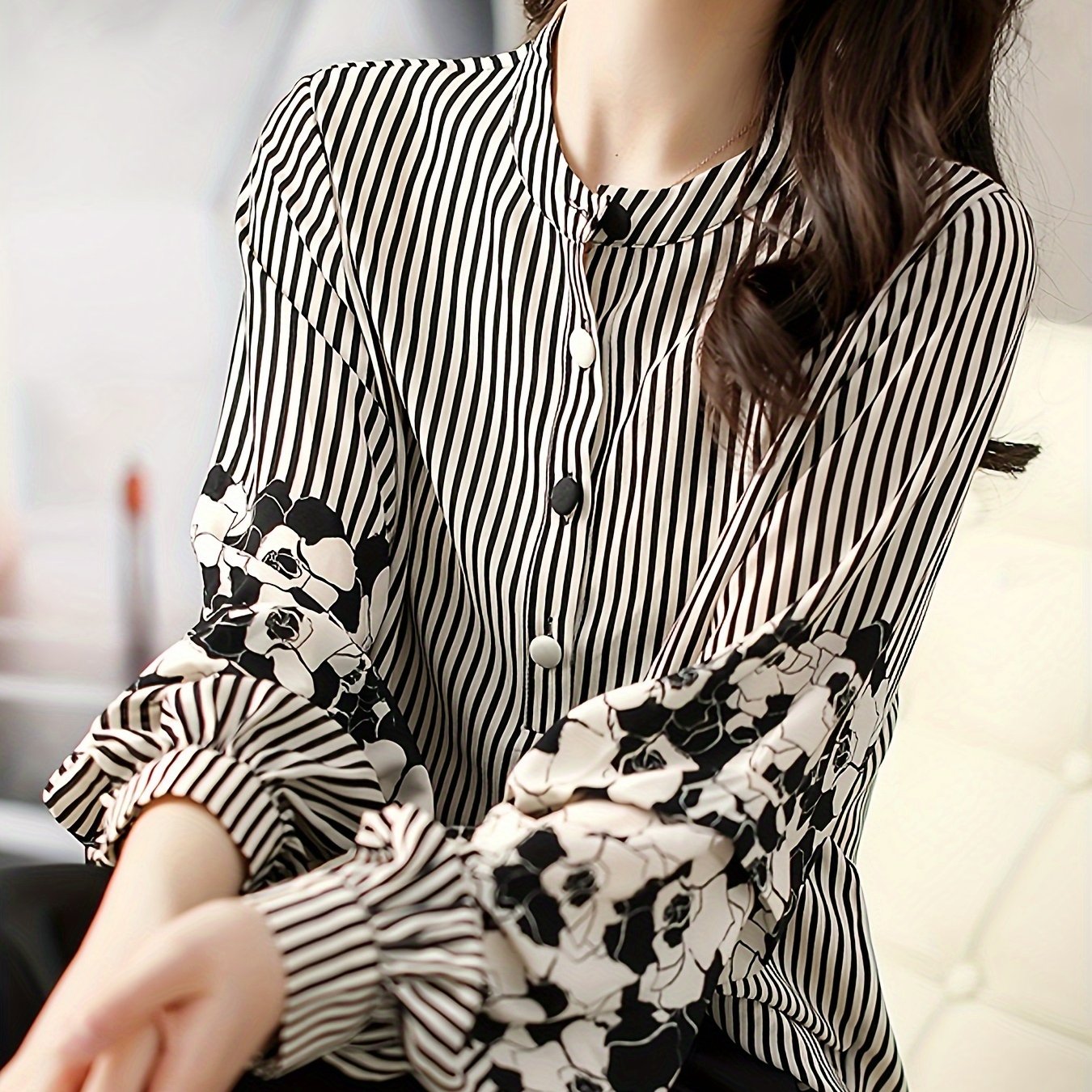 Women's Elegant Floral and Striped Print Blouse with Lantern Sleeves - Round Neck, Long Sleeve, Button Detail, Polyester Top, Allseason Apparel