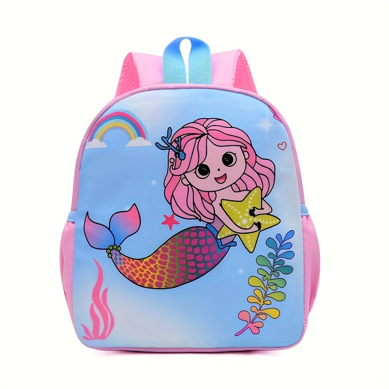 Kids' sturdy nylon backpack with adjustable straps, roomy interior, and side pockets for bottles and umbrellas - featuring a stylish cartoon design for both boys and girls.