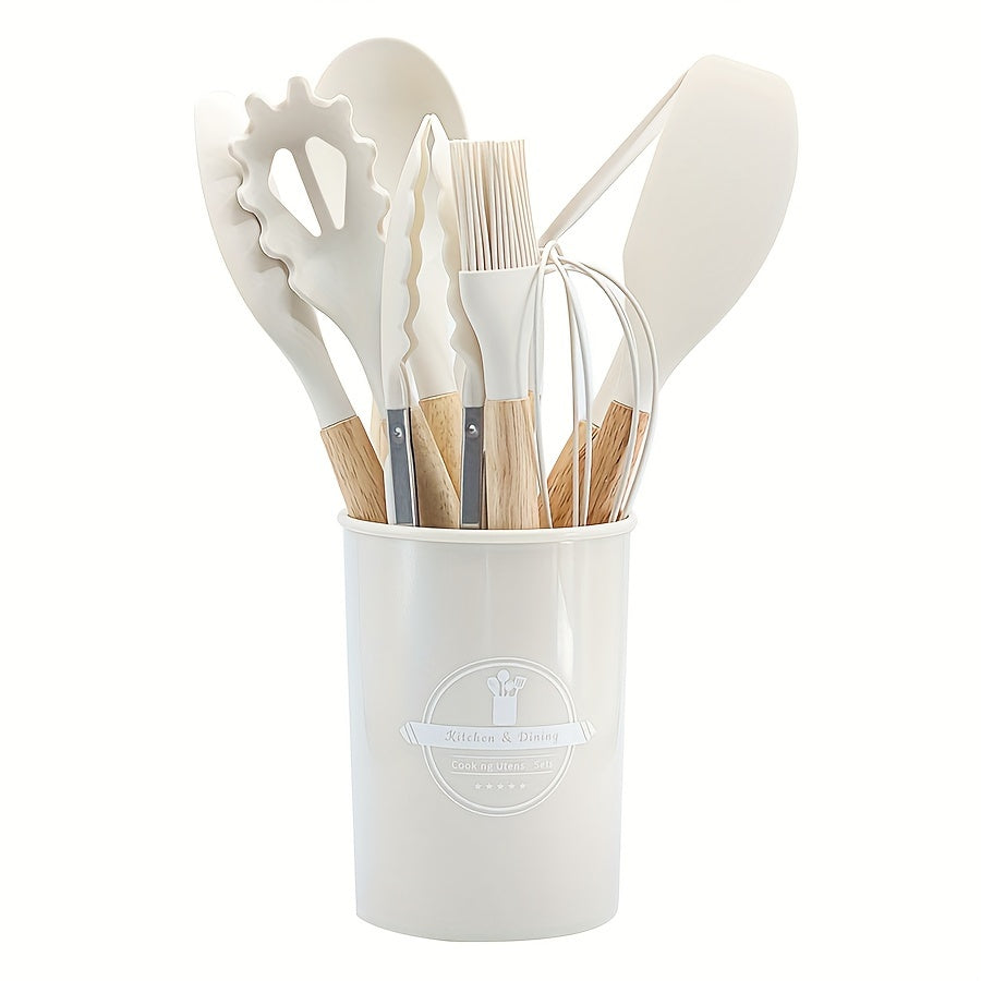 Set of 11/12 pieces Kitchenware with Wooden Handles, including Silicone Non-stick Pot, Cooking Shovel, Spoon, Storage Bucket, and Non-stick Shovel. An essential collection of high-quality kitchen utensils and items.