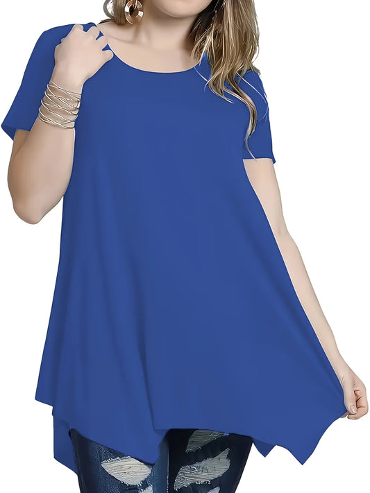 Plus size women's t-shirt with solid color, round neck, irregular hem, short sleeve. Made of polyester and spandex blend, machine washable. From the spring/summer collection.