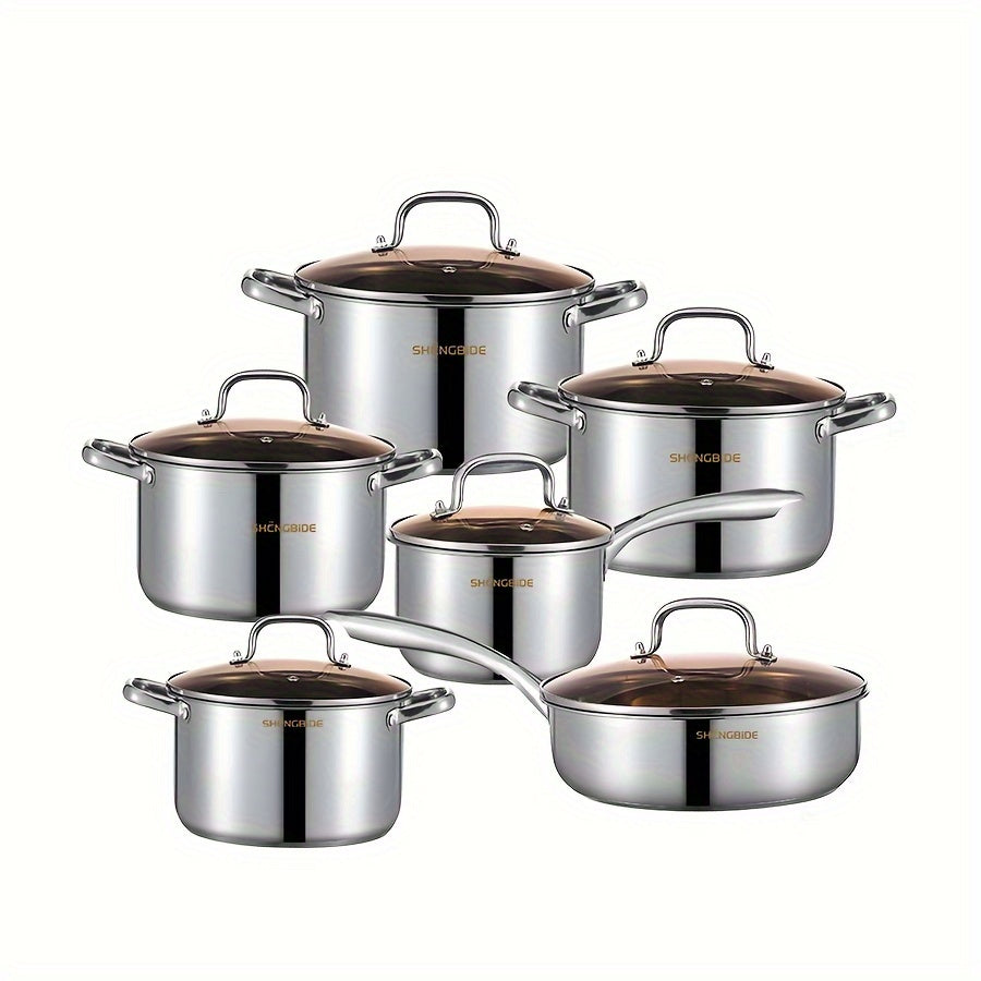 Get cooking with the 12-piece Stainless Steel Cookware Set! This set includes 4 pots, 1 frying pan, 1 saucepan, and 6 lids. With universal compatibility and even heat distribution, this set is perfect for a variety of uses. The large capacity makes it