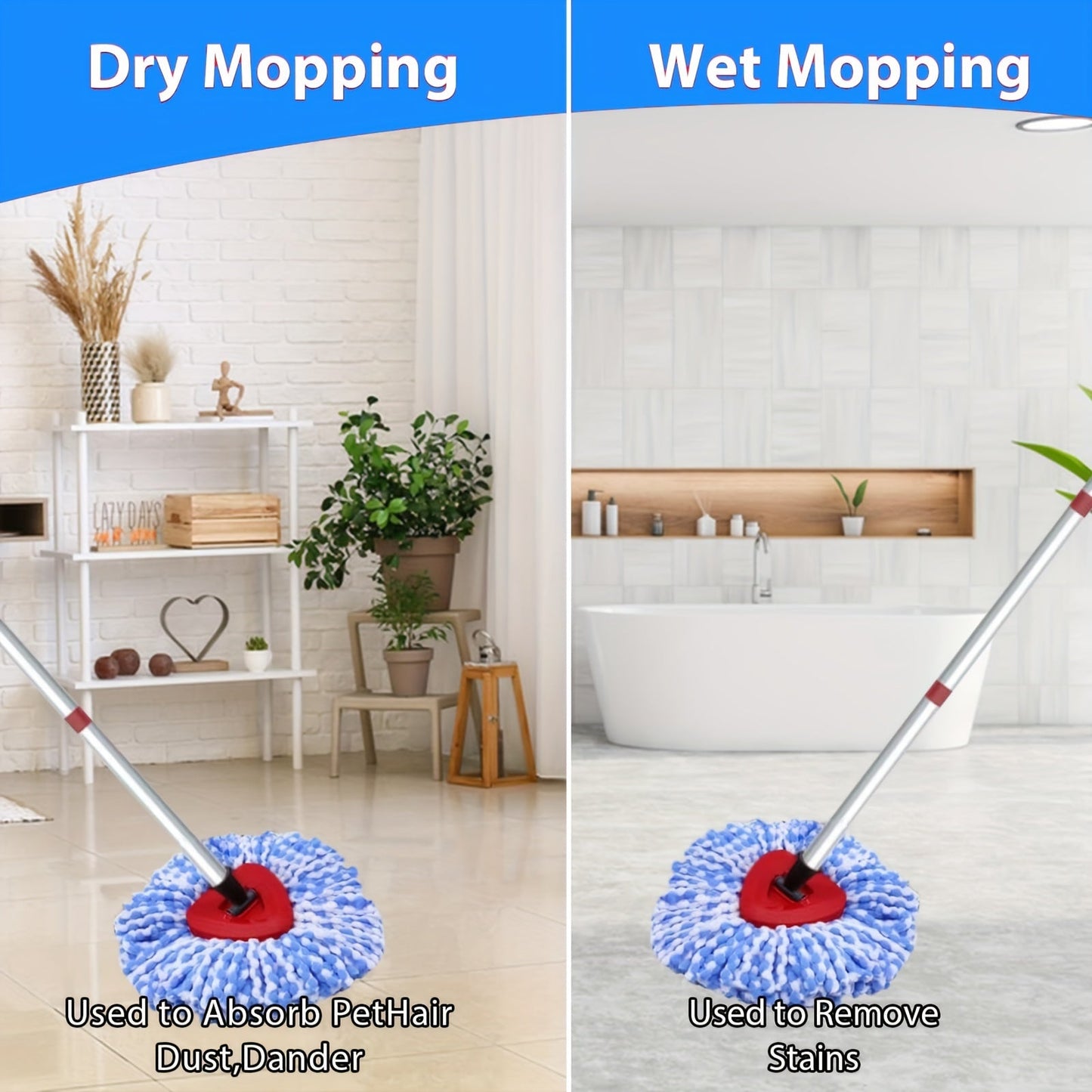 Get the Home Times Microfiber Spin Mop Replacement Heads and Handle Set, perfect for use with O Cedar RinseClean 2 Tank. This combo pack includes 4 refills, an extendable mop stick (76.2-147.32 cm), and a base for a complete cleaning solution.