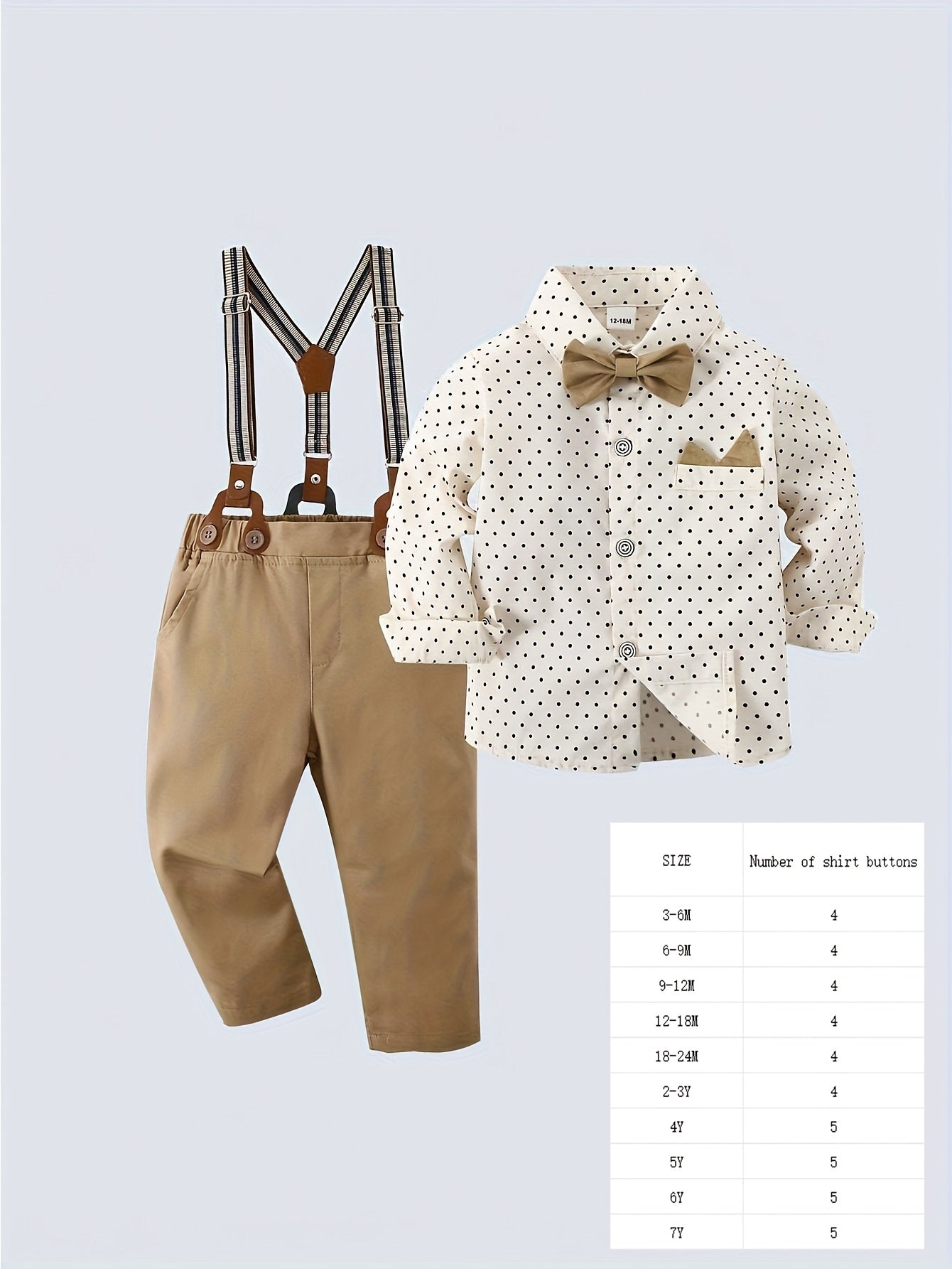 2pcs BOARNSEORL Boys' Gentleman Suit Set with Polka Dot Shirt, Bowtie, Pants. Non-stretch woven fabric, regular fit, for special occasions.