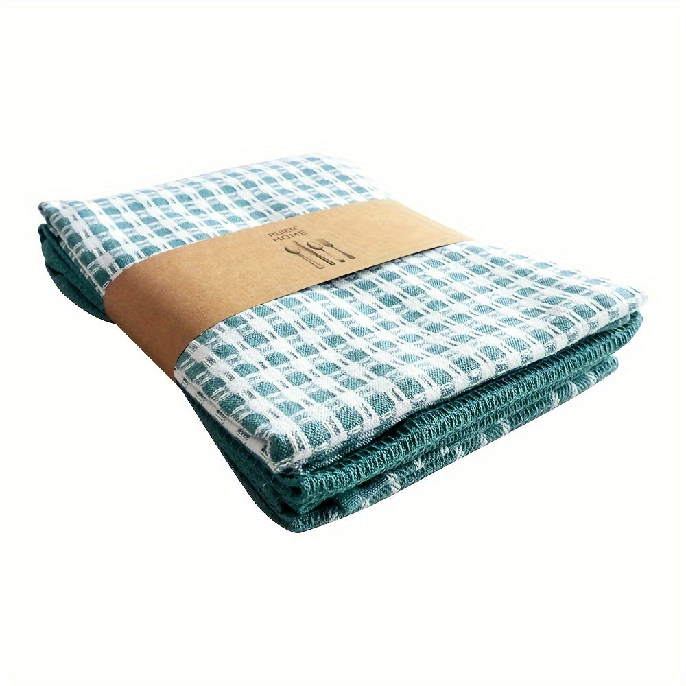 3 large kitchen towels in green, plaid, and striped waffle weave patterns. Soft and absorbent, ideal for drying, cleaning, and washing. Each towel measures 45.01x65.0 cm.