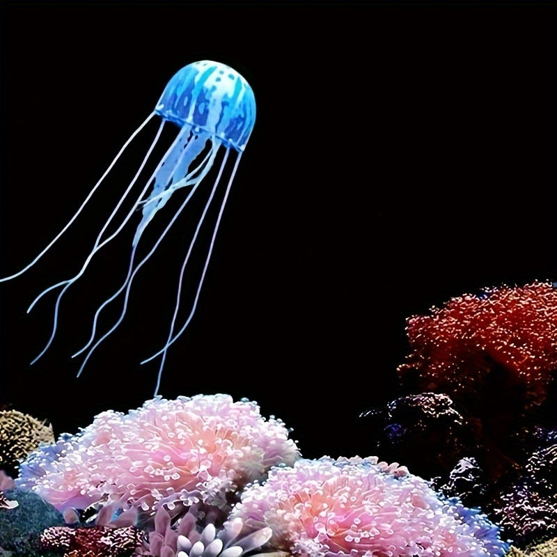 Luminous silicone jellyfish aquarium ornament for fish tank decoration.