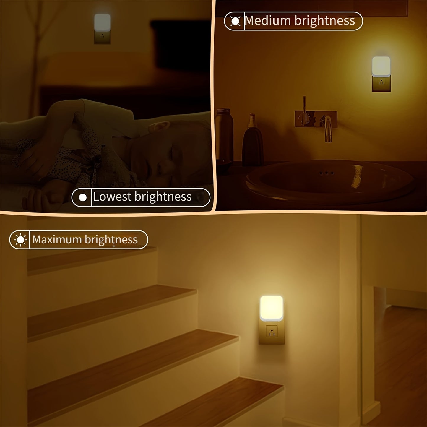 Energy-efficient LED night light with smart sensing, light sensor, and wall mount for various rooms.