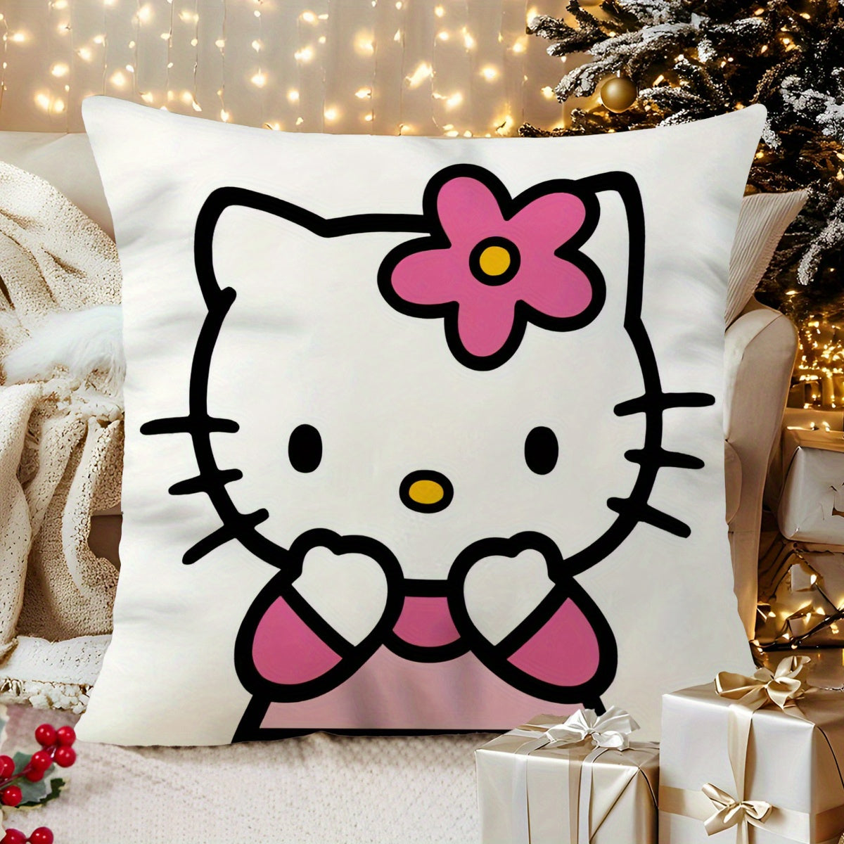 Sanrio Hello Kitty Plush Pillow Cover measuring 45.72x45.72cm - Featuring a charming Cartoon Design with Soft Short Fur and Single-Sided Print. Insert not included. Makes a great gift for Valentine's Day or Christmas, perfect for Home Decor, Bedrooms