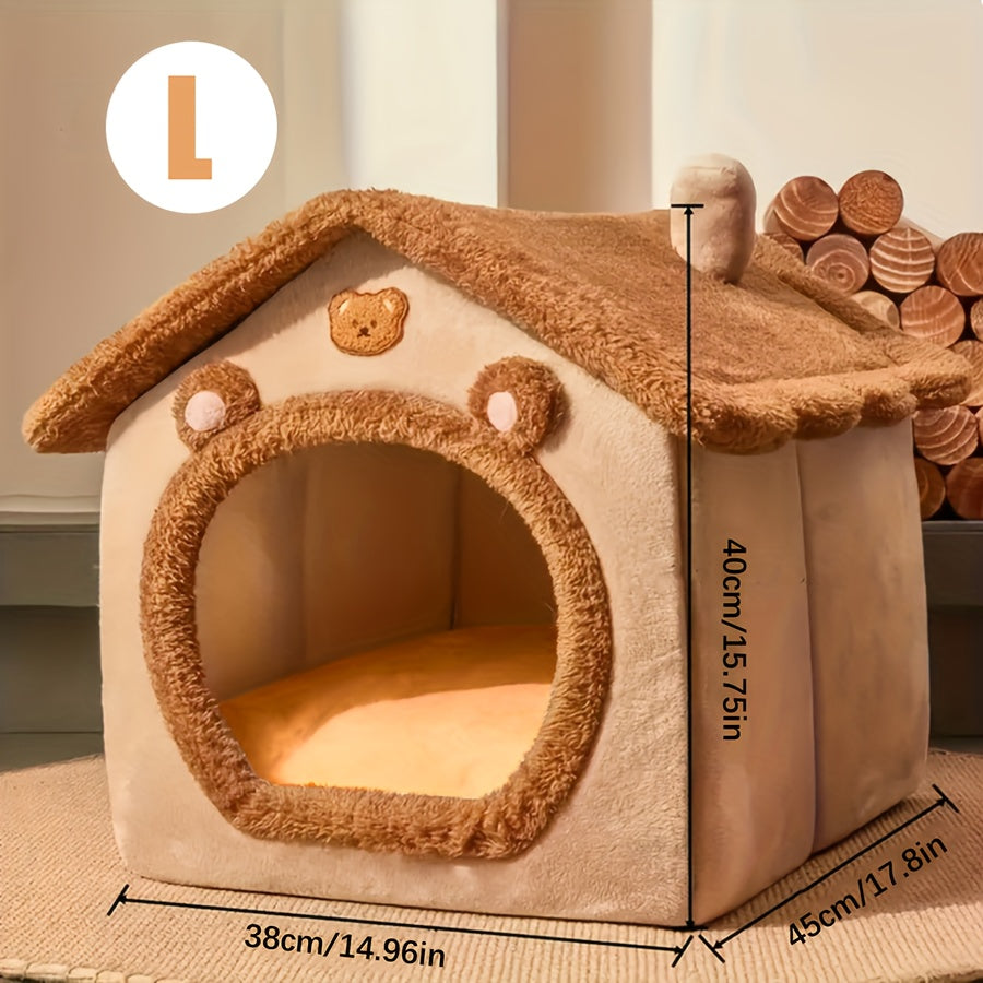 Detachable brown bear style dog house made of polyester, suitable for extra small and small dogs, provides warmth and comfort all year round.