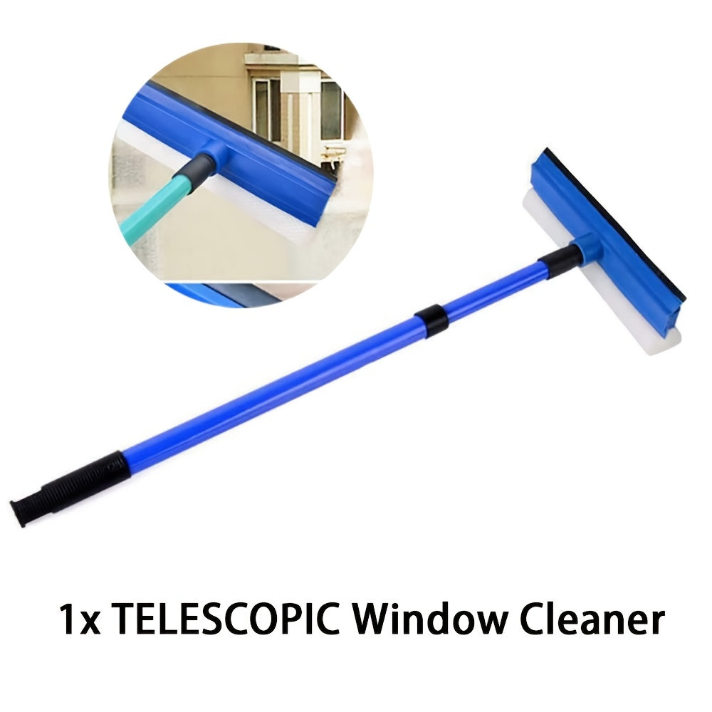 The URTUE Telescopic Window Squeegee is a versatile tool for cleaning windows, with a dual-purpose glass scrubber and adjustable length up to 75cm. It features a spring-loaded swivel head and is made of lightweight plastic, making it ideal for use in the