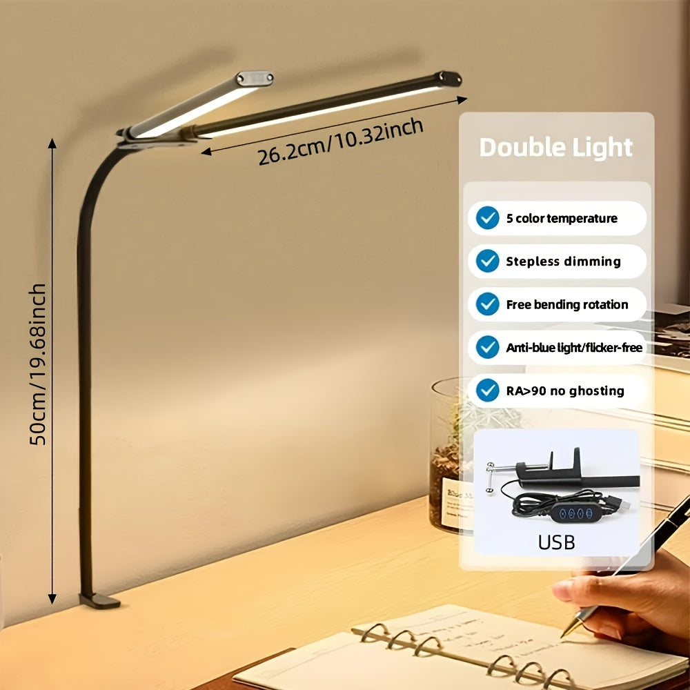 Dual LED Desk Lamp with Clamp - 3 Modes, 10 Brightness Levels, Flexible Gooseneck & Swing Arm, USB Powered. Ideal for Reading, Studying, Office Work, Task Lighting.