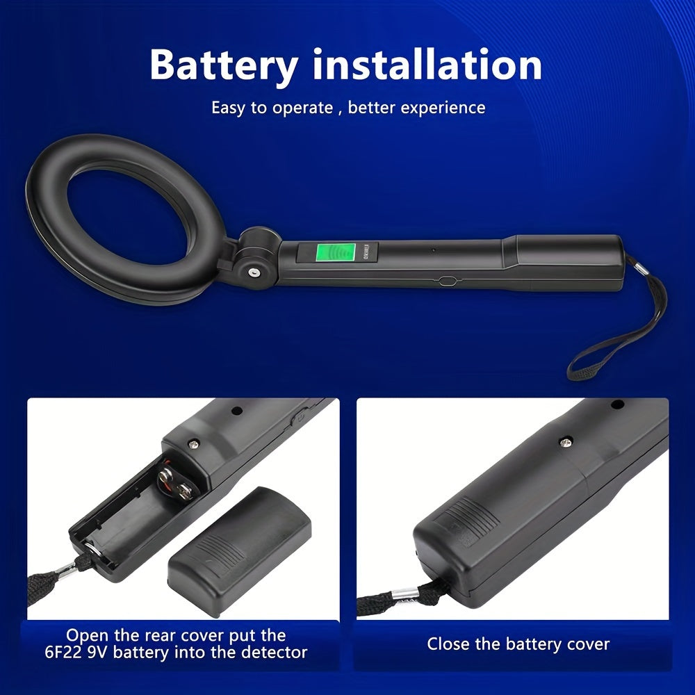 Portable handheld metal detector with high sensitivity, 360° swivel coil, LCD alarm, and battery-powered security check device. Battery not included.