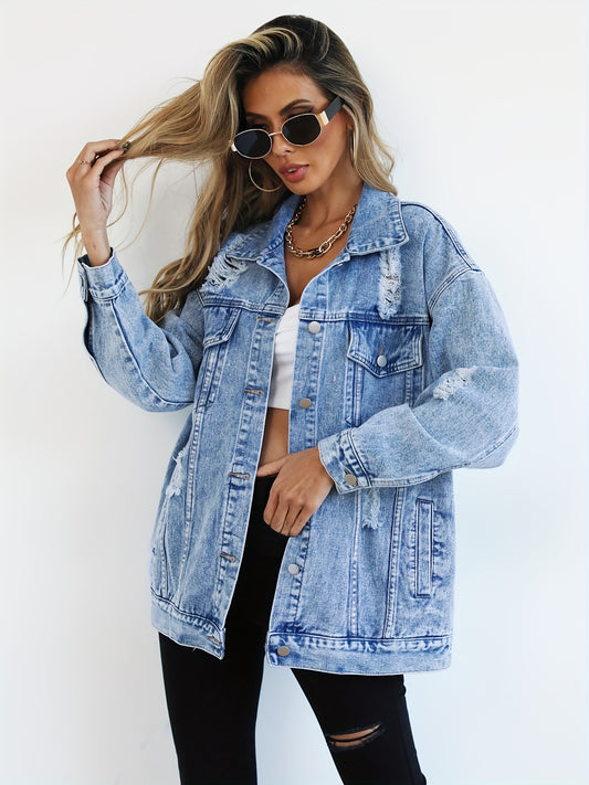 Casual light blue denim jacket for women with distressed, loose fit and ripped detailing, featuring long sleeves, flap pockets, and button closure. Made from a blend fabric and machine