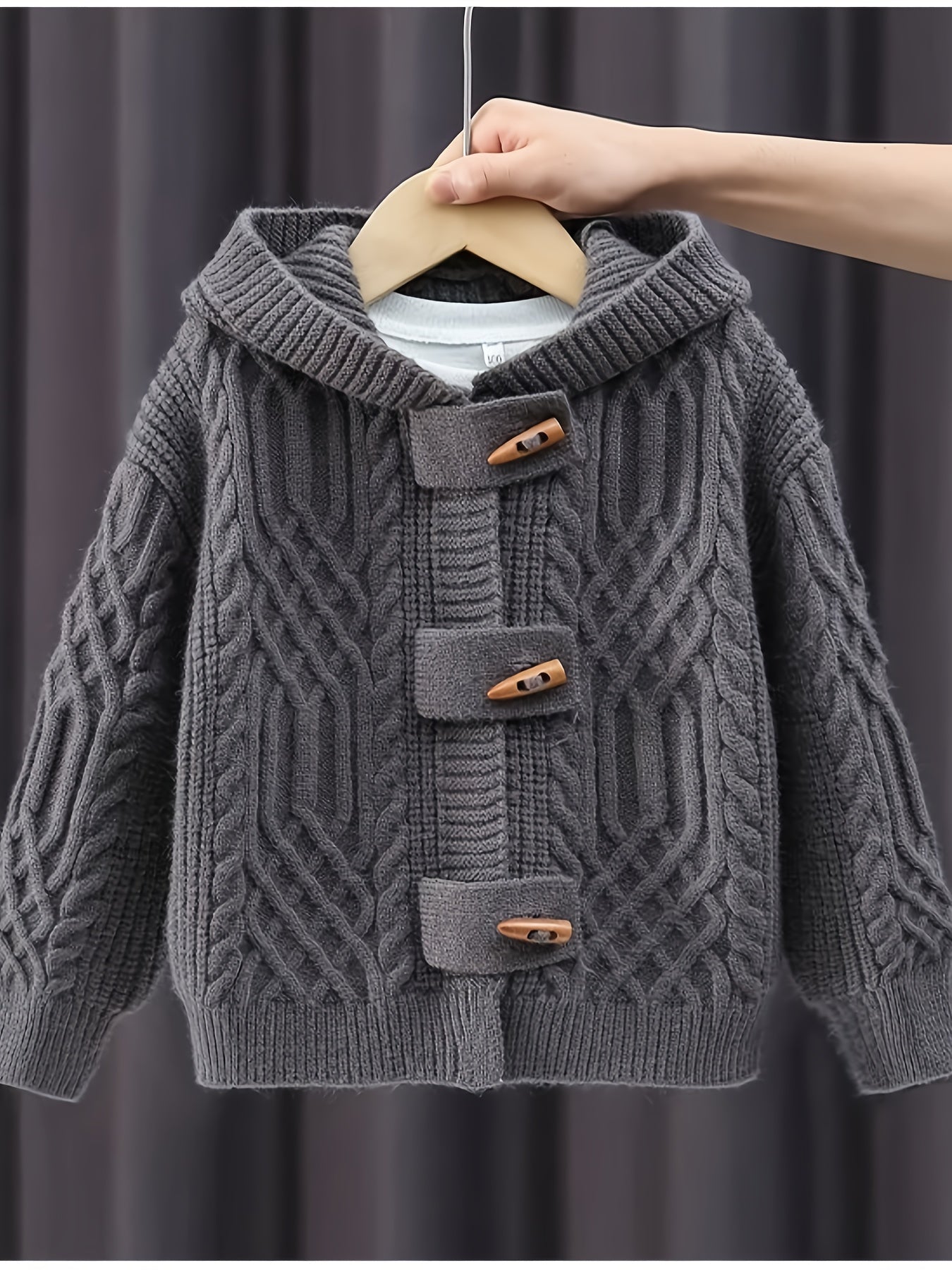 Boys' Cozy Knit Cardigan - Thick and warm hooded sweater for fall/winter with casual style, button-up front, and long sleeves.