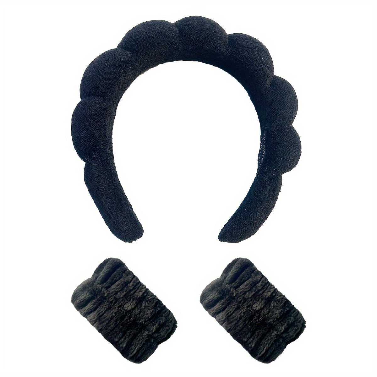 Set of three soft sponge hair hoops with wrist strap towels, perfect for skincare, face wash, and hydrotherapy headbands for women.