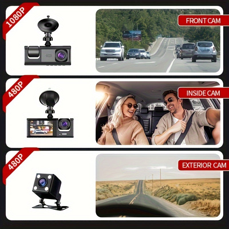 1 set of 3-channel front and rear car camera with 1080P resolution, IR night vision, cycle recording, 5.08 cm IPS screen, and wide-angle lenses for simultaneous recording of a black box.