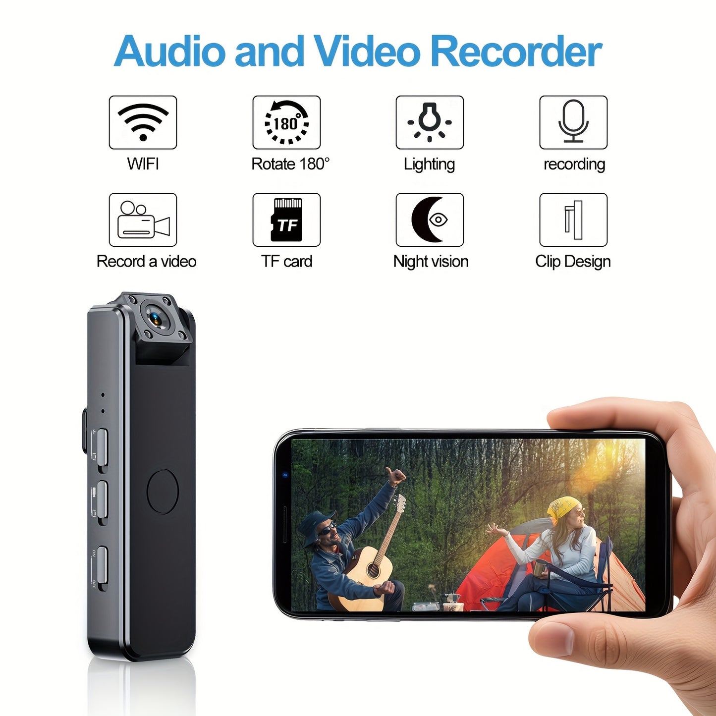 Mini wireless hidden camera with infrared night vision for sports, meetings, transportation, travel, and sports recording. 1080p video capture, USB rechargeable battery, and adjustable