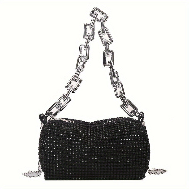 Metallic evening bag with chain strap, zip closure, and polyester lining in silver grey - a stylish accessory for women.