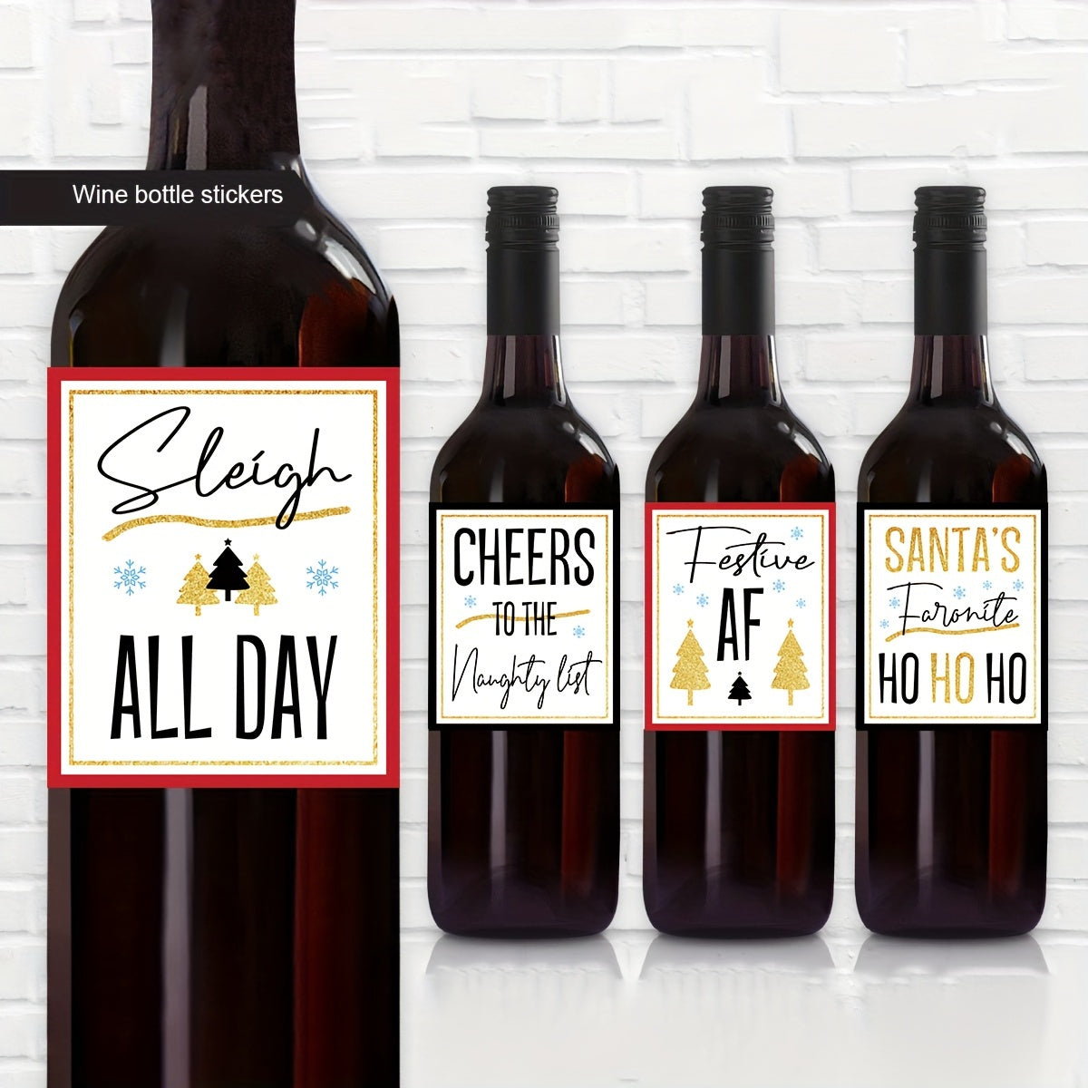 4 Black Golden Christmas Wine Labels for Holiday Party Decoration