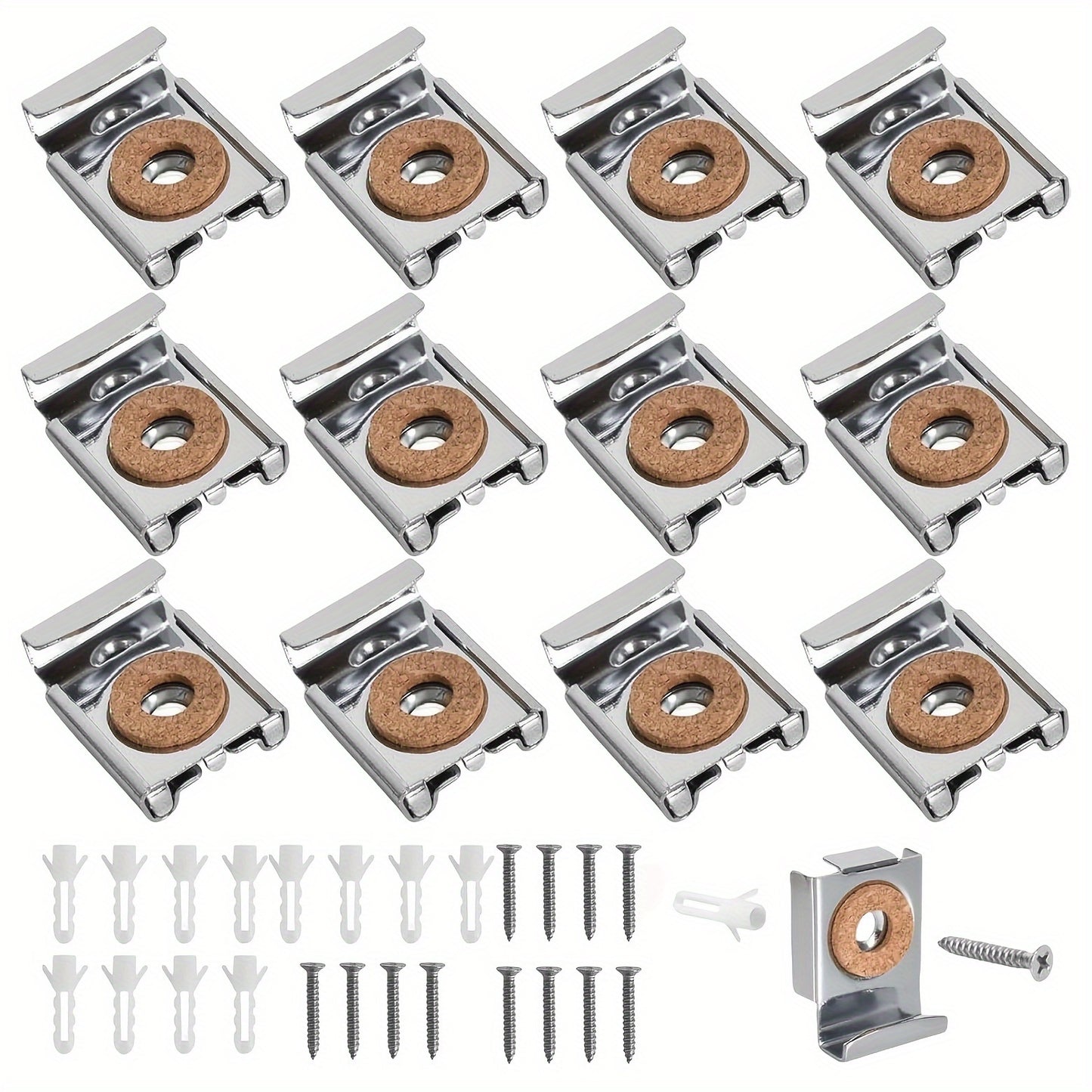 12-Pack Kensbro Wall Mirror Brackets, Heavy-Duty Glass Mirror Hangers with Spring Loaded Clamps, Adjustable Height, Wooden Finish, Stainless Steel, Wall Mounted, Polished Finish, Moisture