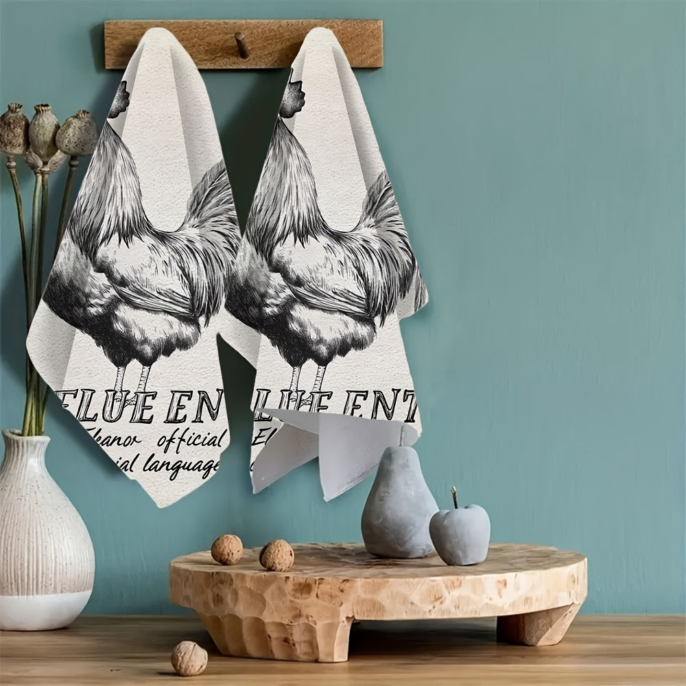 Two pieces of elegant rooster-themed kitchen towels designed for both style and functionality. Made from ultra-soft and highly absorbent polyester, these dish hand towels in Eleanor style are machine washable and measure 40.64x60.96 cm. Perfect for