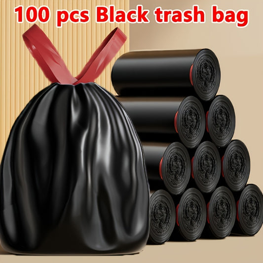 100 count heavy duty black trash bags with drawstrings, leak-proof, privacy-opaque, disposable plastic liners. Suitable for yard, industrial, construction, bathroom, and food waste disposal