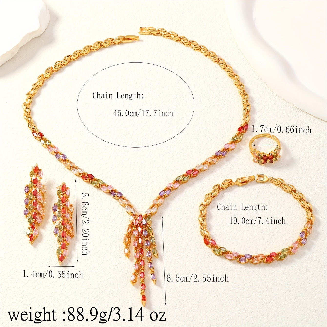 One set of Middle Eastern Saudi Arabian wedding jewelry, consisting of four pieces: a full tassel color cubic zirconia copper set for women, including 1 necklace, 1 bracelet, 1 pair of earrings, and 1 ring.