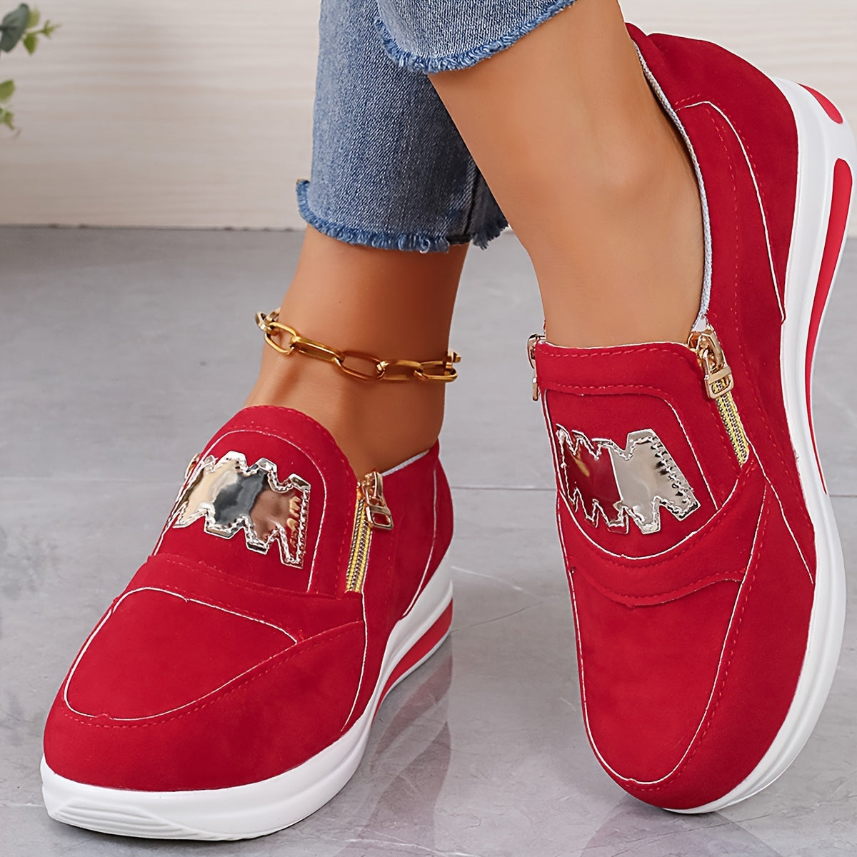 Women's slip-on low top walking shoes with thick bottom for comfort. Casual skateboard sneakers with non-slip TPU sole for all-season wear. Fabric upper and inner with breathable insole.