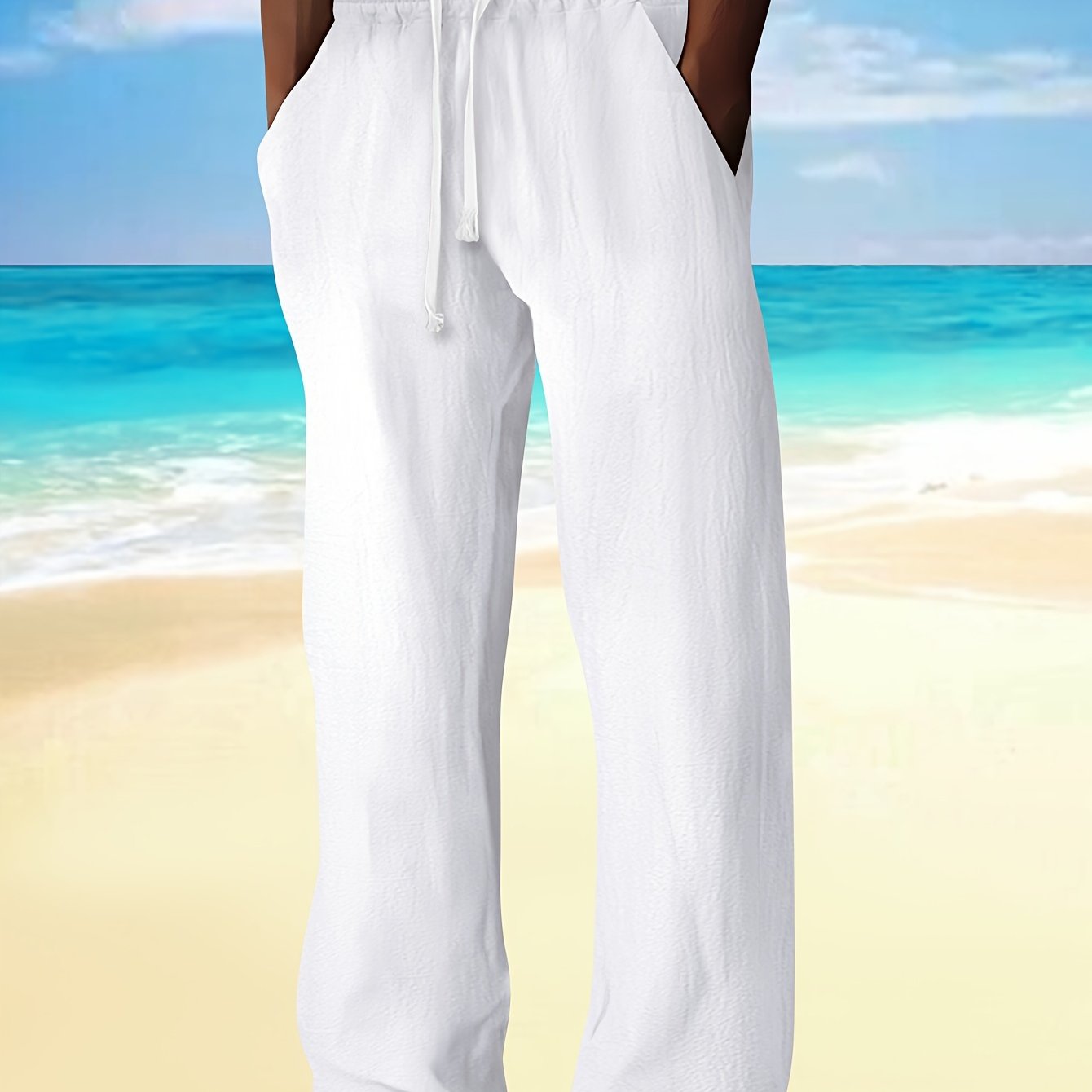 Men's casual drawstring pants made of cotton linen blend fabric. Features relaxed fit, straight leg with pockets, and a beach-inspired design. Ideal for spring and fall.