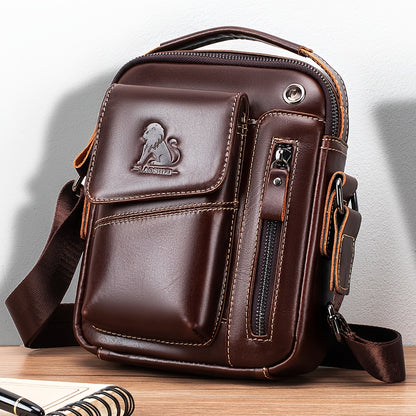 Fashion Genuine Leather Men's Crossbody Bag with Adjustable Shoulder Strap, Multi-Compartment Design, Zipper Closure - Dark Brown, Non-Washable for Outings.